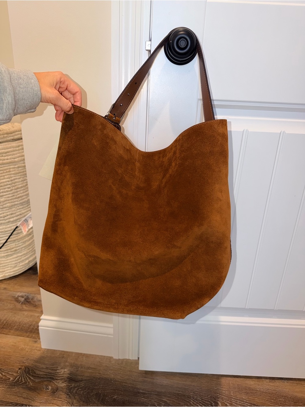 Toteme Large Suede Belted Bag in Cognac Brown - Picture 9 of 11